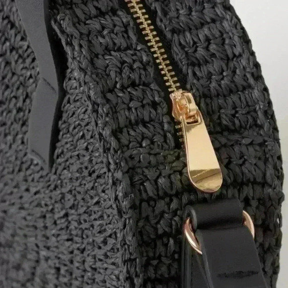 Round Paper Straw Handbag H&M Crossbody basket Boho weaved beachy summer - Picture 3 of 8